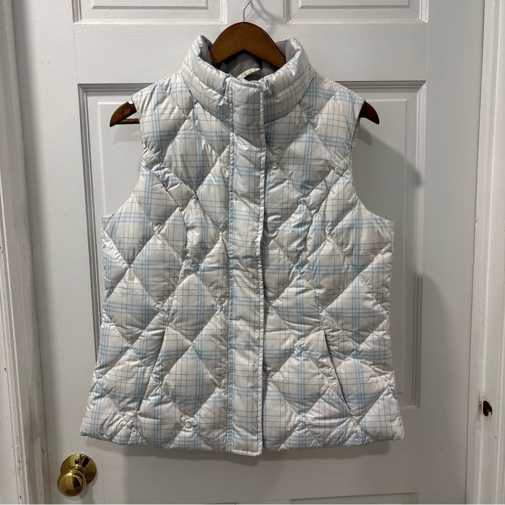 Eddie Bauer Women’s Goose Down Puffer Vest Size Large White Blue Plaid Full Zip